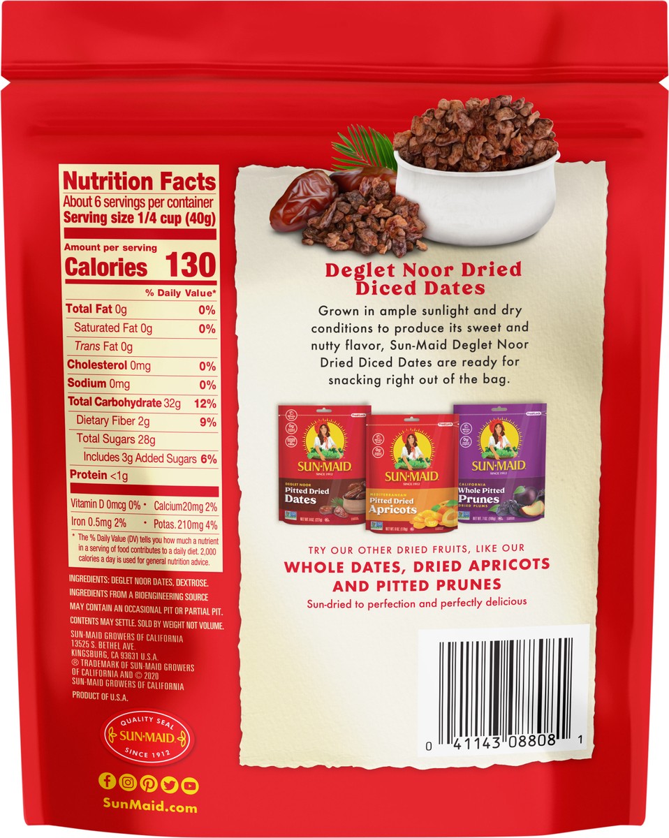 slide 5 of 5, Sun-Maid Deglet Noor Dried Diced Dates 8oz Fresh-Lock Zipper Resealable Stand-Up Bag, 8 oz