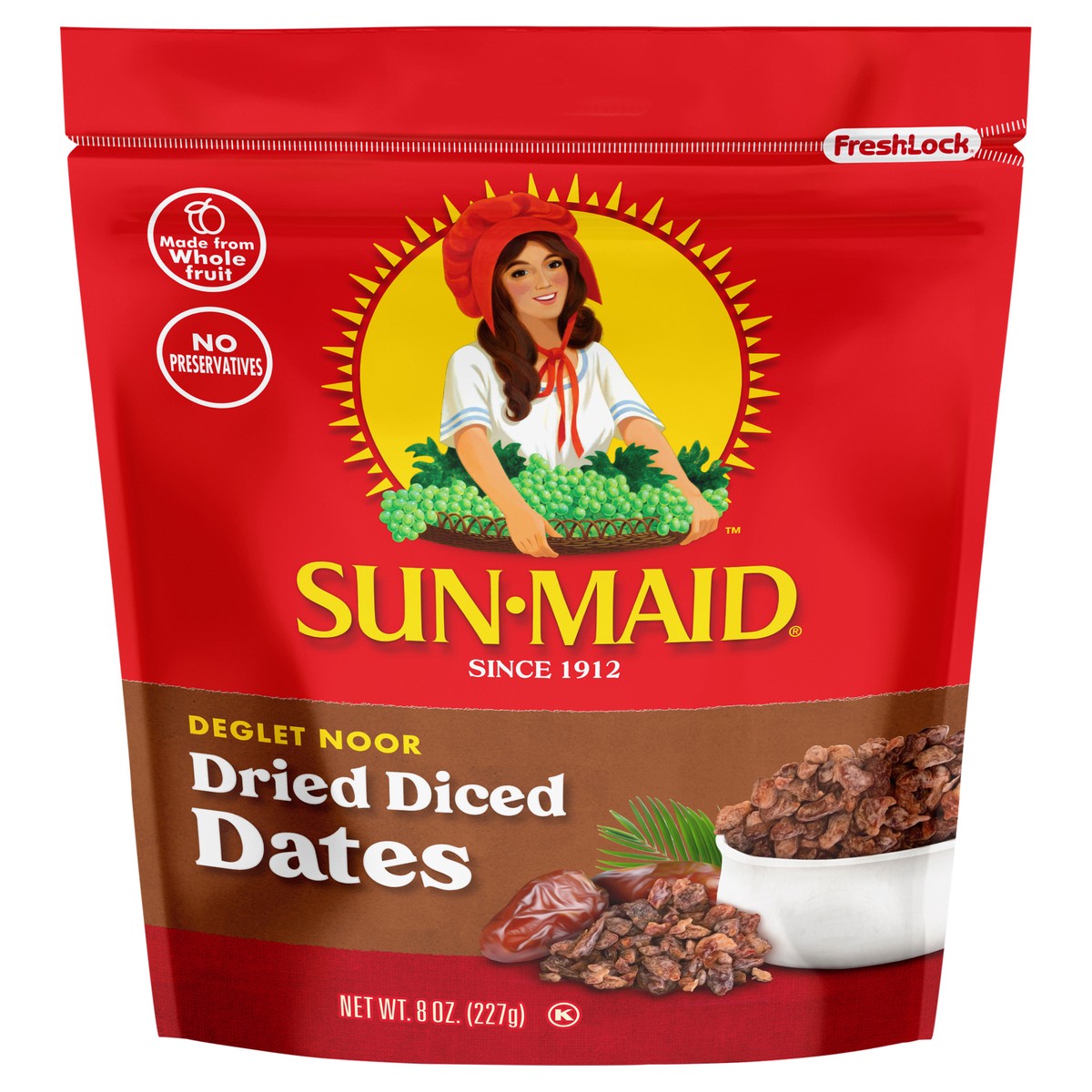 slide 1 of 5, Sun-Maid Deglet Noor Dried Diced Dates 8oz Fresh-Lock Zipper Resealable Stand-Up Bag, 8 oz