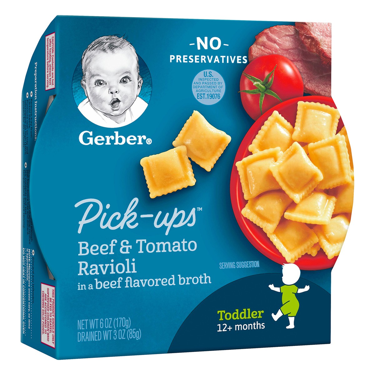 slide 4 of 9, Gerber Pasta Pick-Ups, Beef and Tomato Ravioli Packed in Beef Flavored Broth, 6 oz. Tray, 6 oz