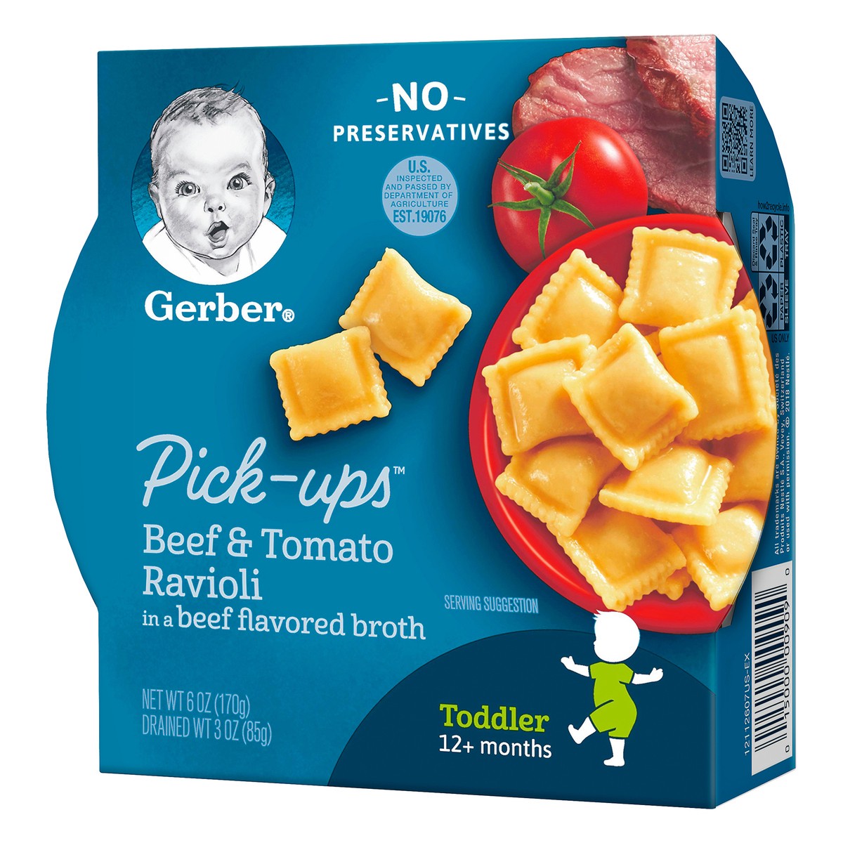 slide 5 of 9, Gerber Pasta Pick-Ups, Beef and Tomato Ravioli Packed in Beef Flavored Broth, 6 oz. Tray, 6 oz