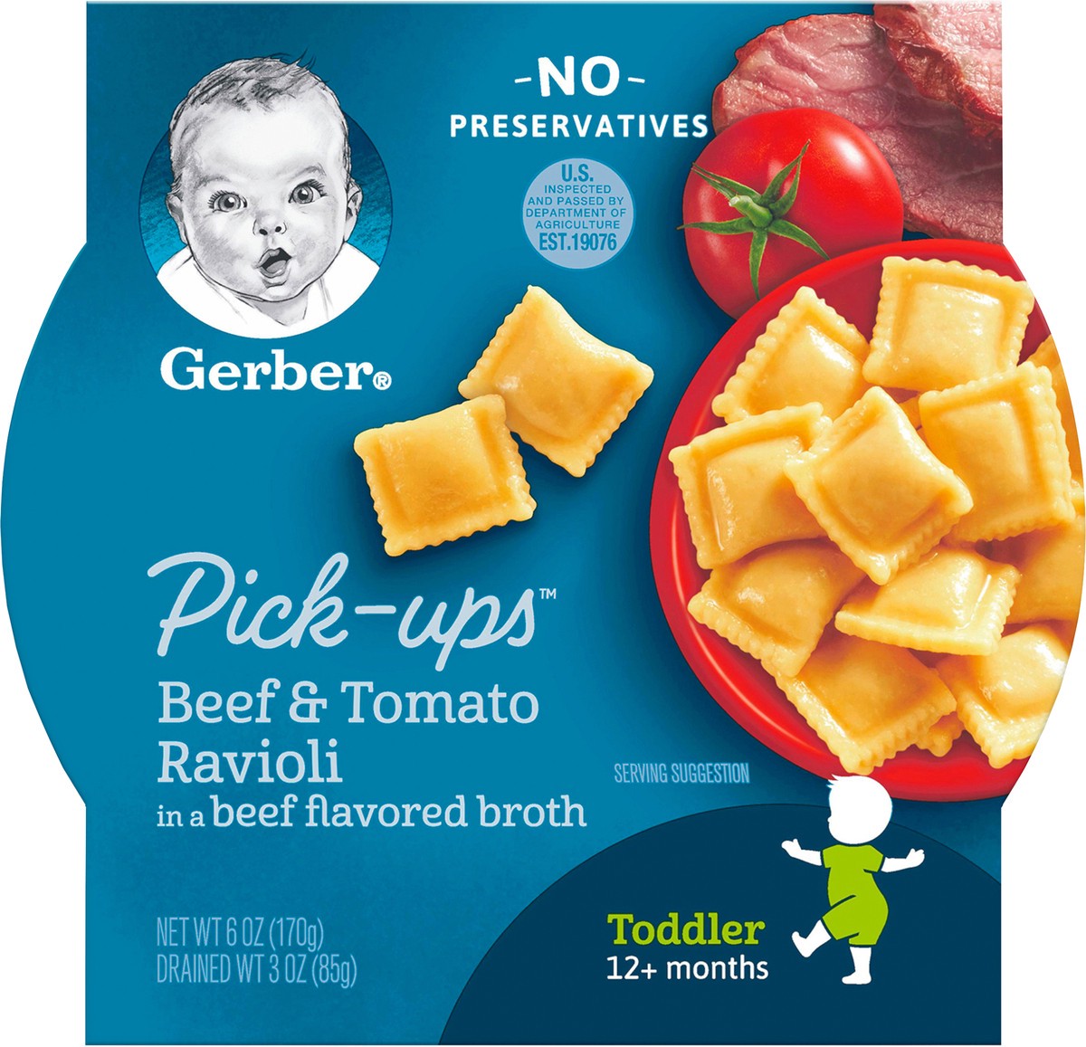 slide 8 of 9, Gerber Pasta Pick-Ups, Beef and Tomato Ravioli Packed in Beef Flavored Broth, 6 oz. Tray, 6 oz