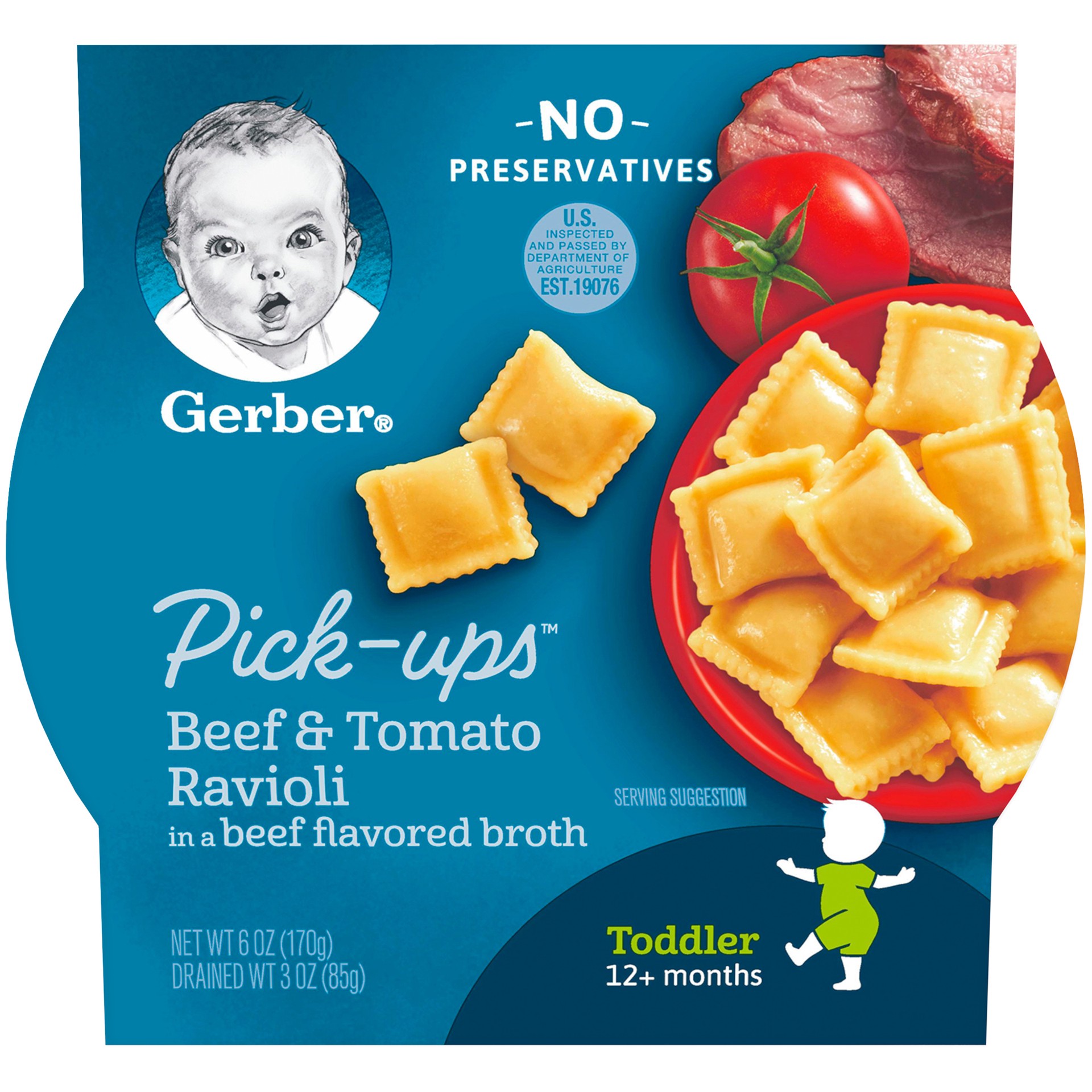 slide 1 of 9, Gerber Pasta Pick-Ups, Beef and Tomato Ravioli Packed in Beef Flavored Broth, 6 oz. Tray, 6 oz