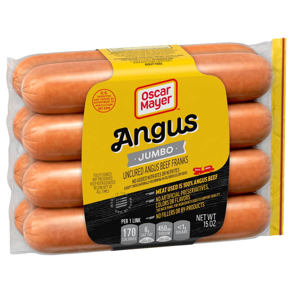 slide 2 of 2, Oscar Mayer Jumbo Angus Beef Uncured Beef Franks Hot Dogs Pack, 4 ct; 15 oz