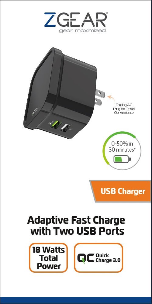 slide 1 of 1, ZGear® Adaptive Fast Charge Wall Charger with 2 USB Ports, 1 ct