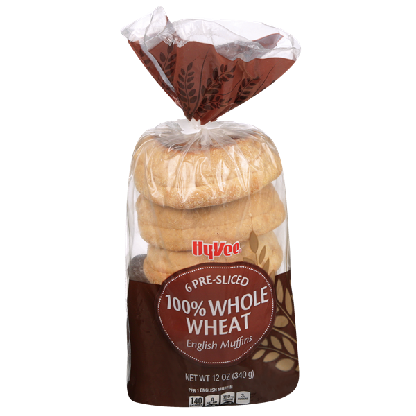 slide 1 of 1, Hy-vee 100% Whole Wheat English Muffins, 6 ct; 12 oz