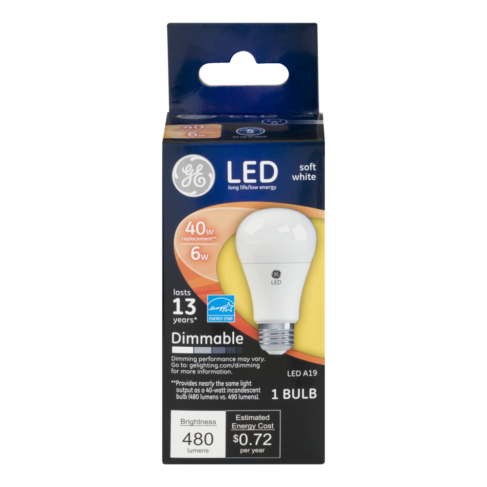 slide 1 of 1, GE Light Bulb, LED, Dimmable, Soft White, 6 Watts, 1 ct