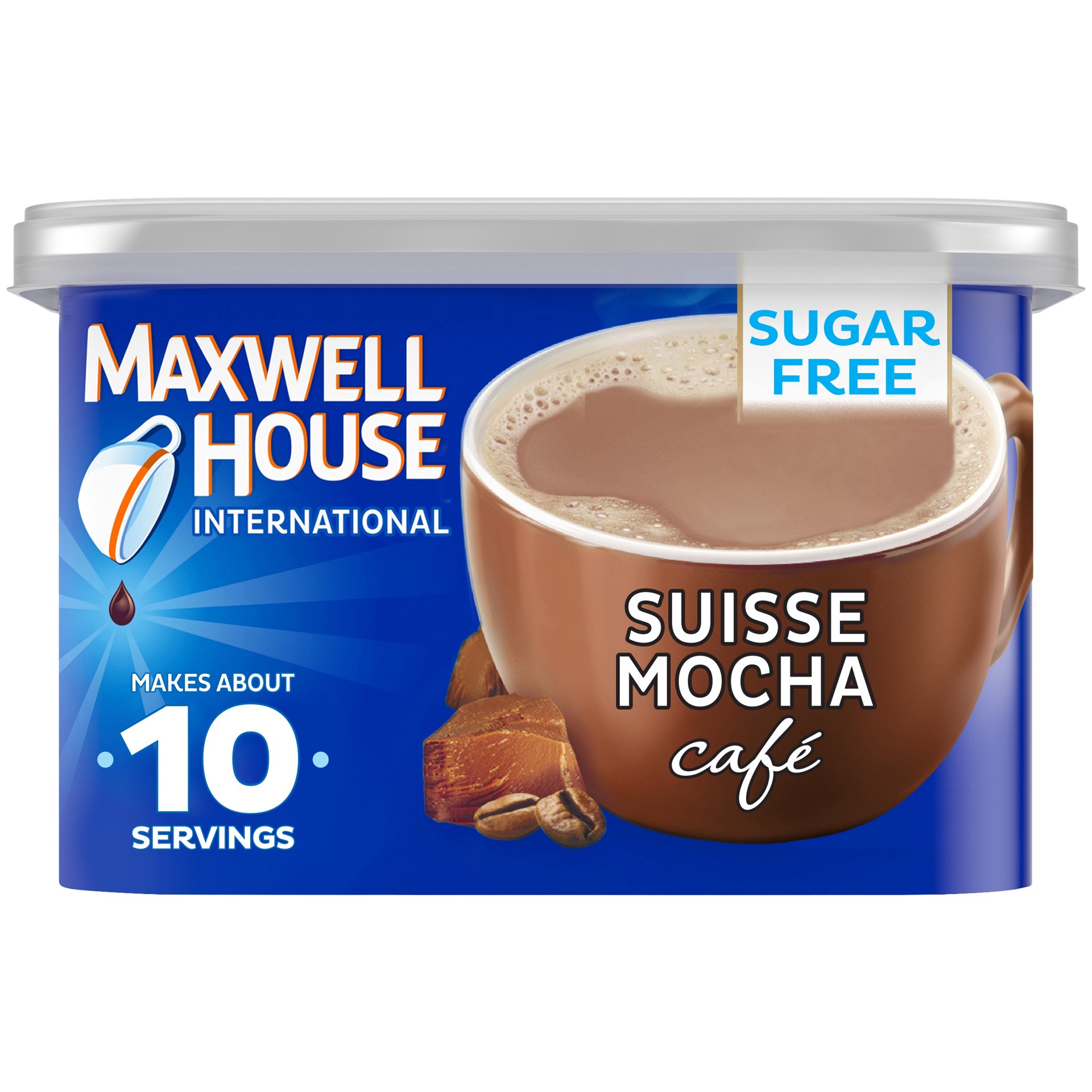 slide 1 of 9, Maxwell House International Suisse Mocha Café-Style Sugar Free Instant Coffee Beverage Mix, 4.1 oz. Canister, 4.1 oz