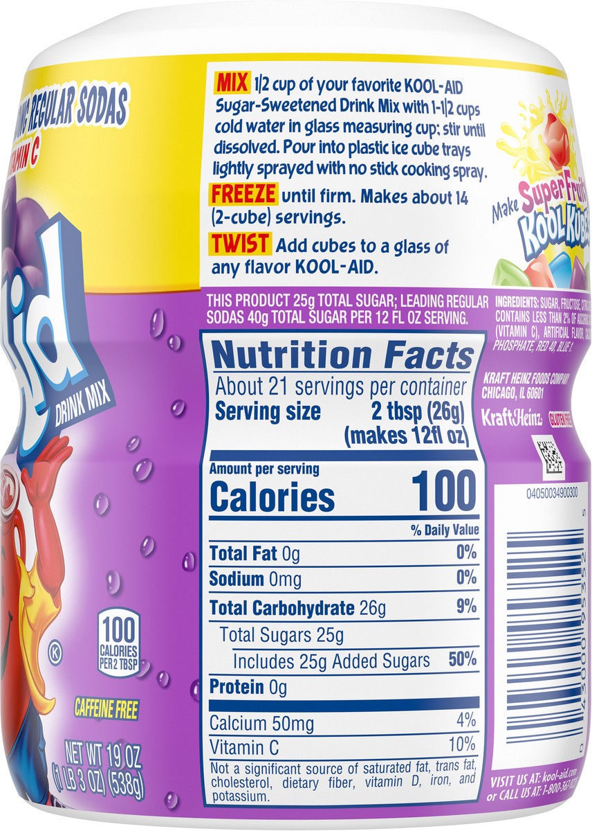 slide 7 of 9, Kool-Aid Sugar-Sweetened Grape Artificially Flavored Powdered Soft Drink Mix, 19 oz Canister, 