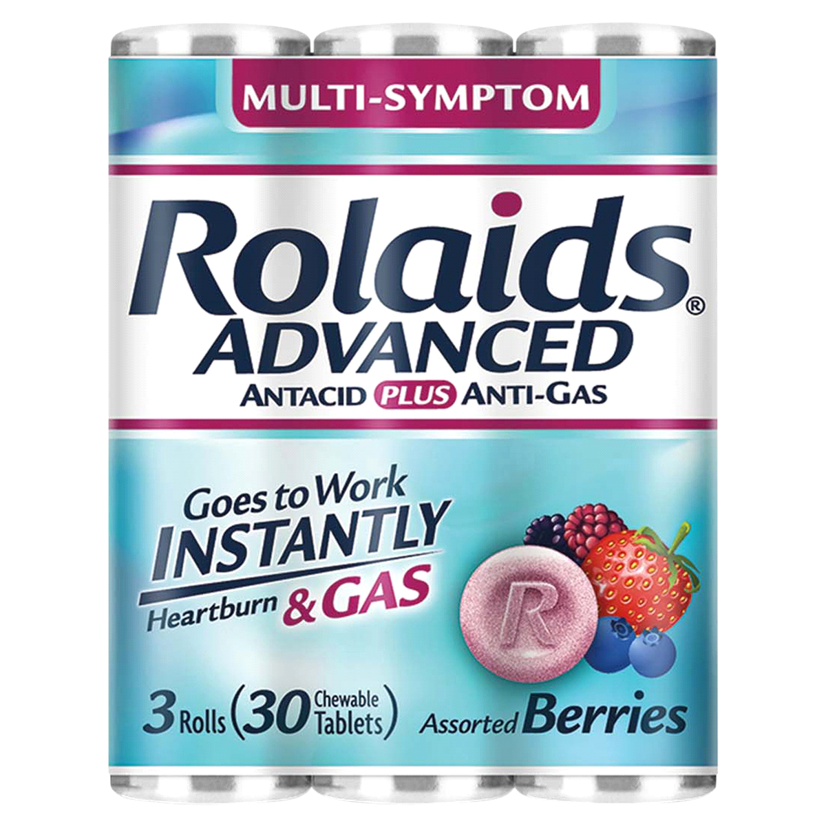 slide 1 of 2, Rolaids Tablets Multi-Symptom Assorted Berries Antacid Plus Anti-Gas 3 ea, 3 ct