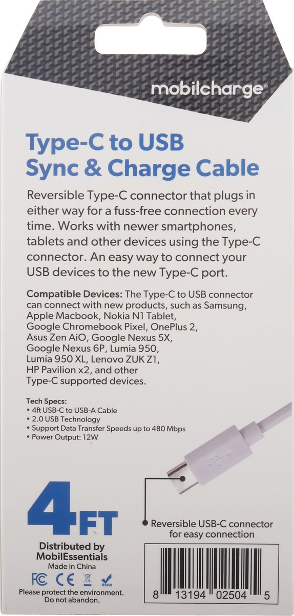 slide 4 of 11, MobilCharge 4 Feet Type-C To USB Sync & Charge Cable 1 ea Box, 1 ct