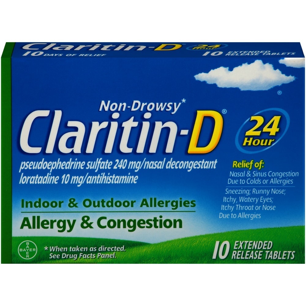 slide 1 of 1, Claritin-D 24-Hour Indoor Outdoor Allergies Allergy Congestion Extended Relief Tablets, 10 ct
