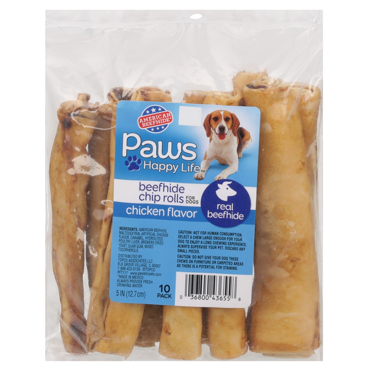 slide 1 of 1, Paws Happy Life Chicken Flavor Beefhide Chip Rolls For Dogs, 10 ct