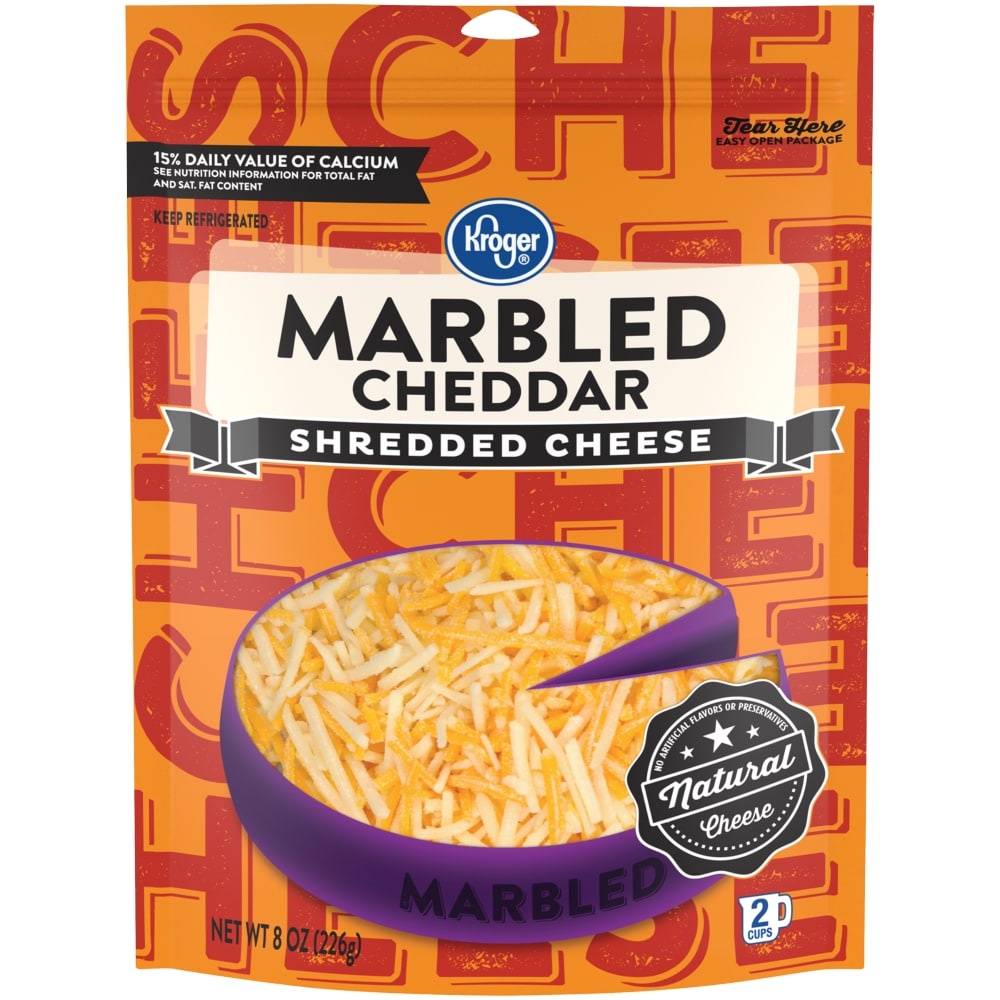 slide 1 of 1, Kroger Finely Shredded Marbled Cheddar Cheese, 8 oz