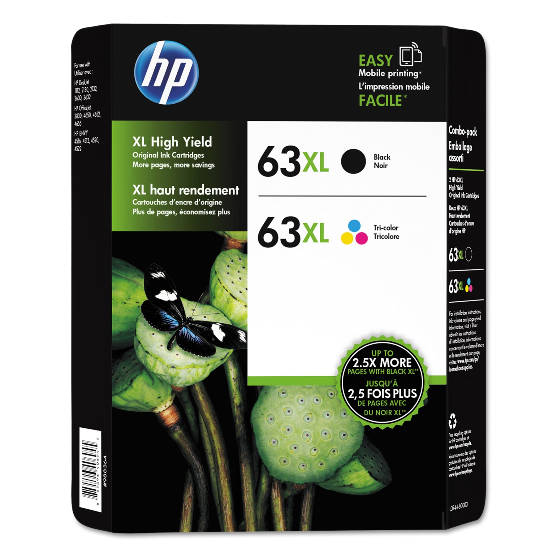 slide 1 of 1, HP 63XL High Yield Black/Tri-color Ink Cartridges, 2 ct