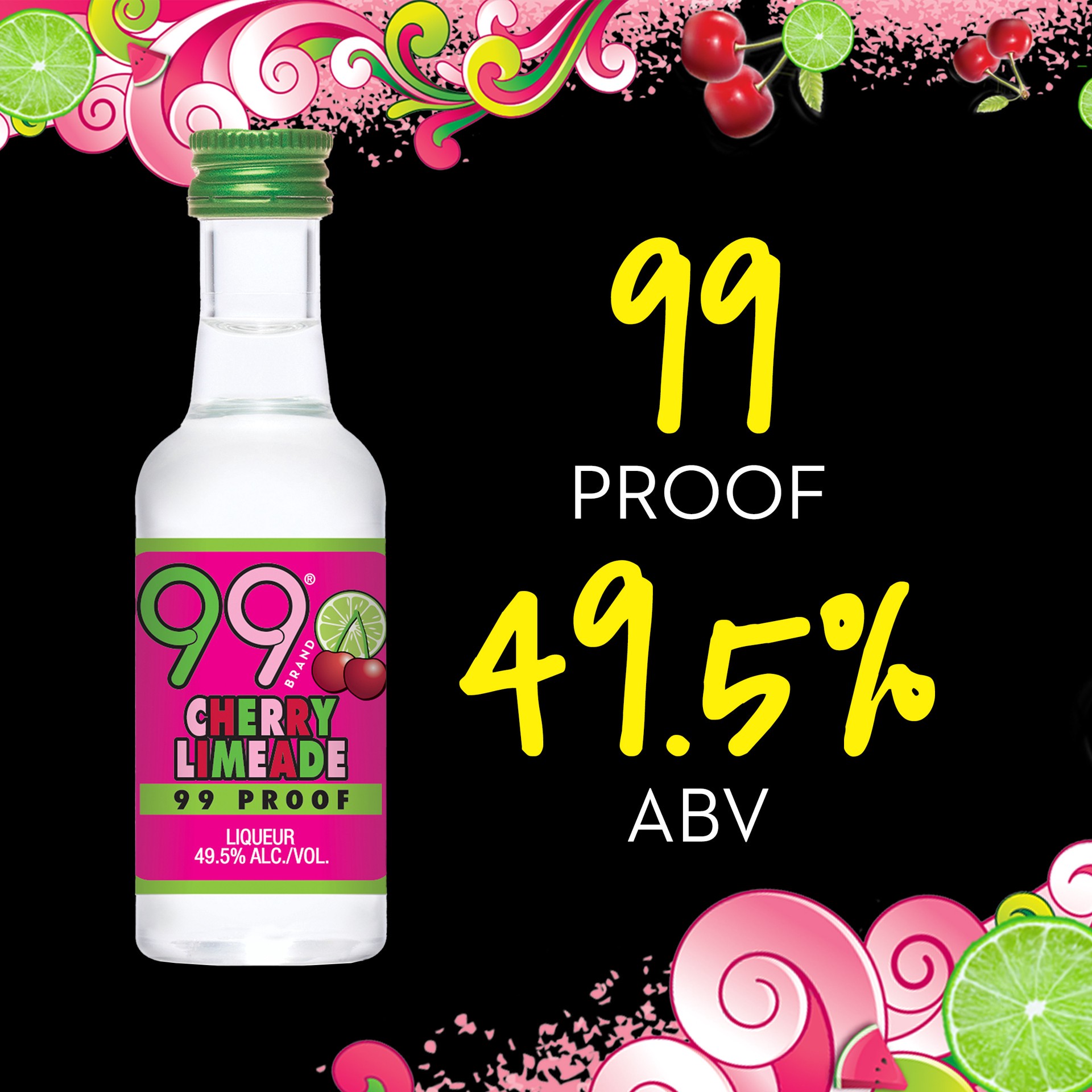 slide 4 of 5, 99 Brand Cherry Limeade Liqueur, 50 mL Bottle, 99 Proof, 50 ml