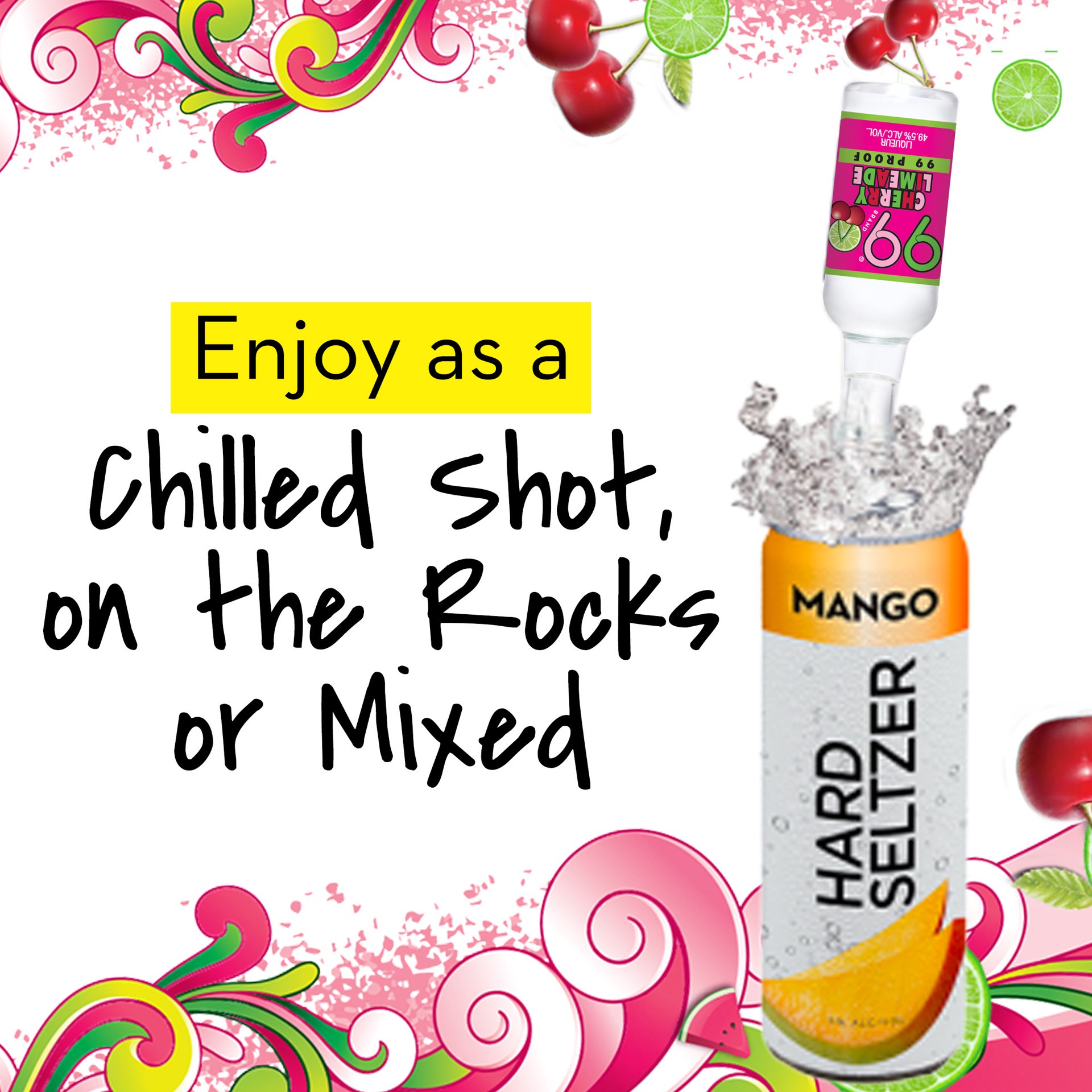 slide 5 of 5, 99 Brand Cherry Limeade Liqueur, 50 mL Bottle, 99 Proof, 50 ml