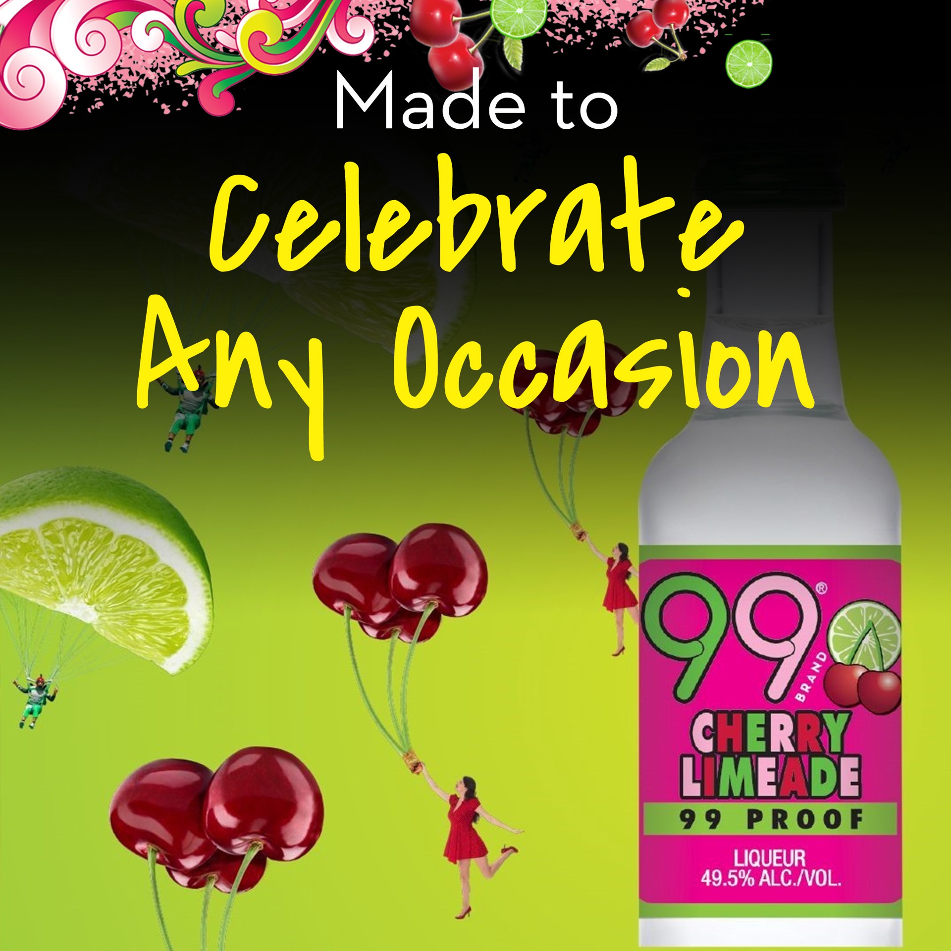 slide 2 of 5, 99 Brand Cherry Limeade Liqueur, 50 mL Bottle, 99 Proof, 50 ml