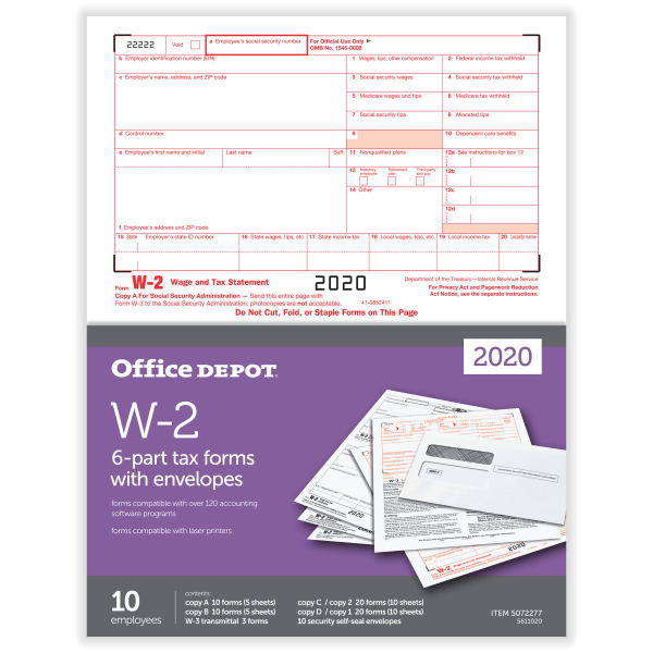 slide 1 of 4, Office Depot Brand W-2 Laser Tax Forms And Envelopes, 6-Part, 8-1/2'' X 11'', Pack Of 10 Forms, 10 ct