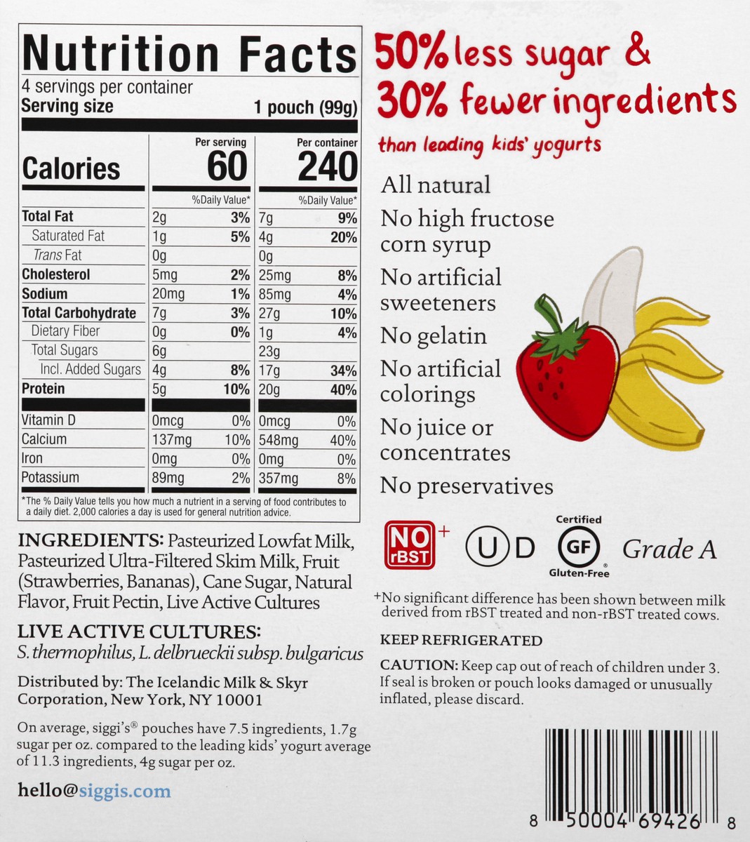 slide 3 of 9, Siggi's Kids Strawberry & Banana Low Fat Yogurt Pouches, 3.5 oz, 4 ct Pack, 4 ct; 3.5 oz