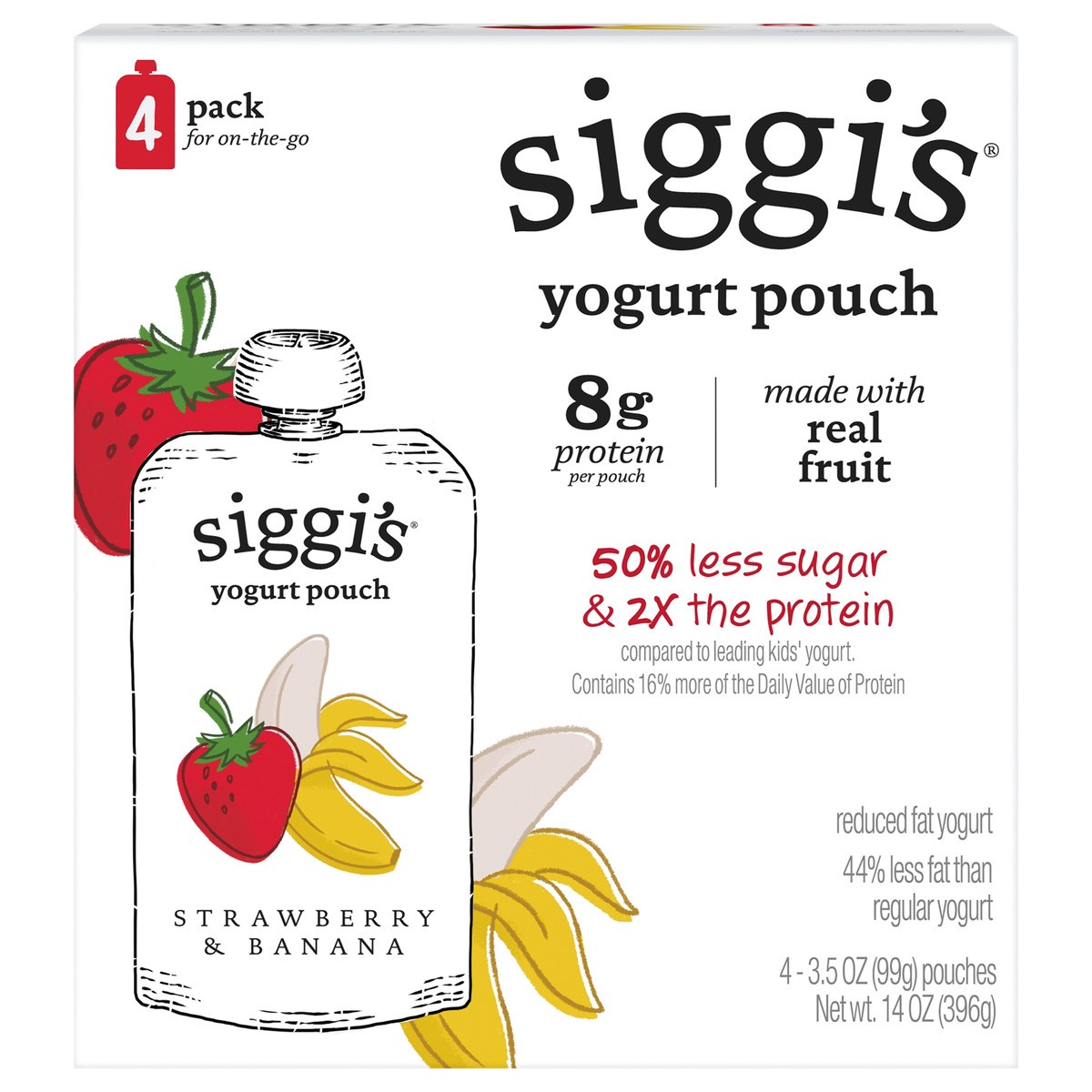 slide 1 of 9, Siggi's siggi’s Strawberry Banana Reduced Fat Yogurt Pouches, 3.5 oz, 4 ct Pack, 4 ct