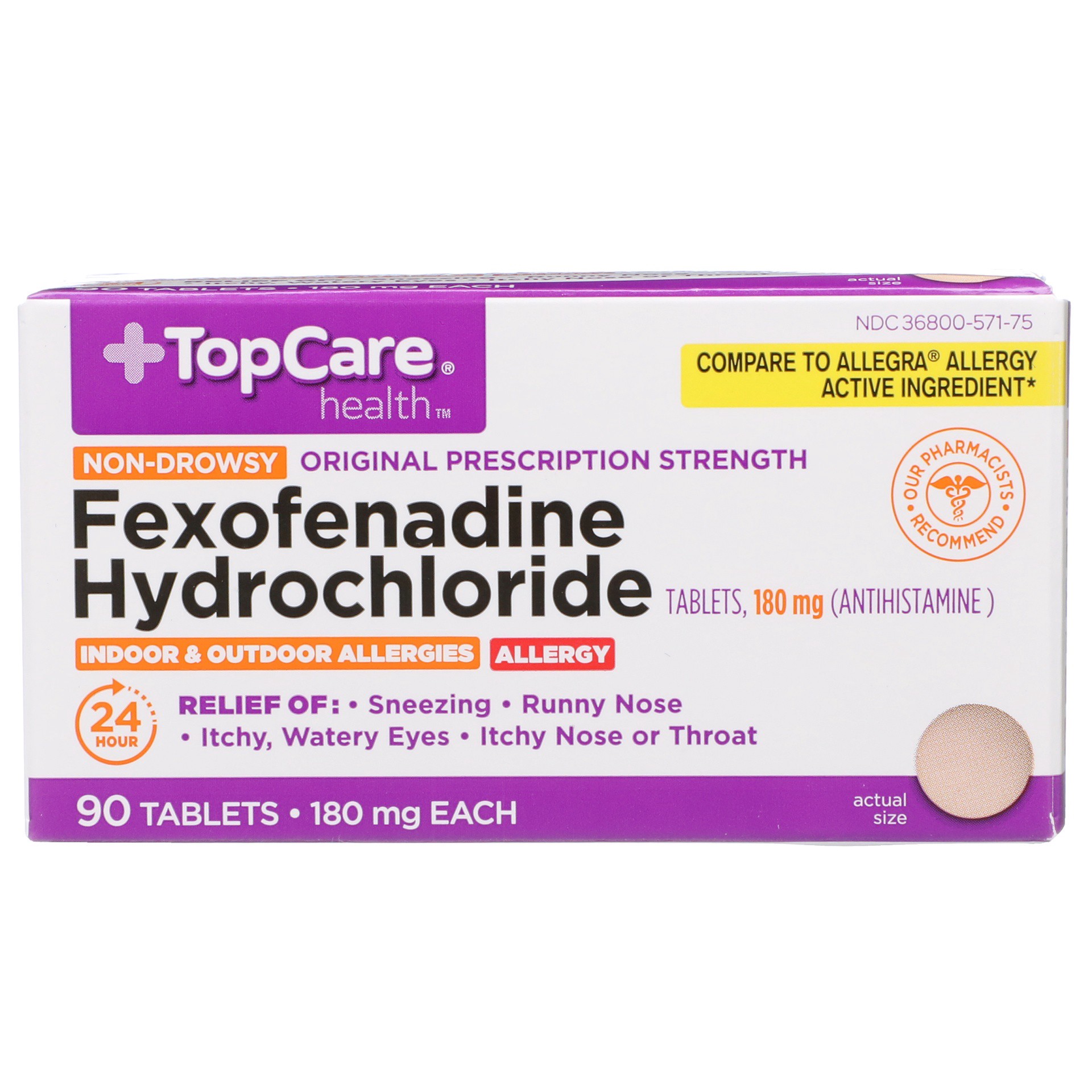 slide 1 of 2, TopCare Fexofenadine Hydrochloride Allergy Antihistamine, 90 ct; 180 mg