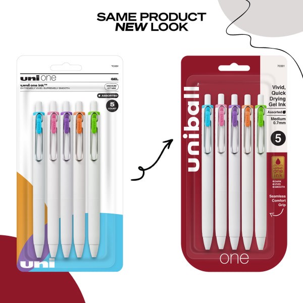 slide 8 of 9, uniball uni 5ct ONE Rectractable Gel Pens Fine Point 0.7mm Assorted Vivid Ink, 5 ct