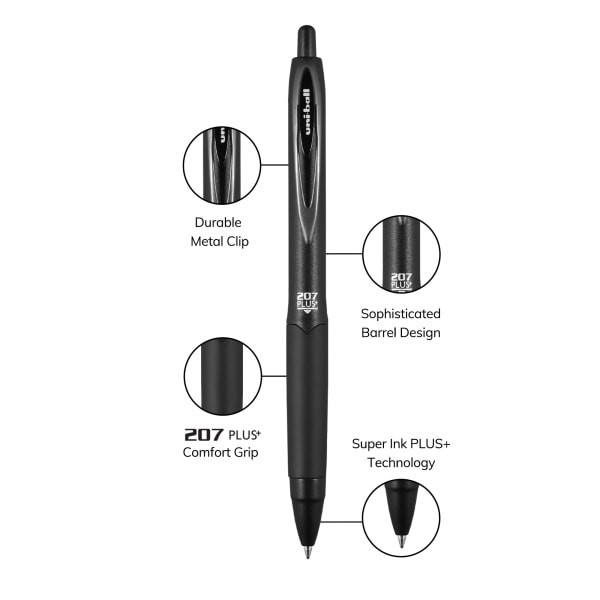 slide 6 of 8, Uni-Ball 207 Plus+ Retractable Gel Pens, Medium Point, 0.7 Mm, Black Barrel, Black/Blue/Red Ink, Pack Of 4 Pens, 4 ct