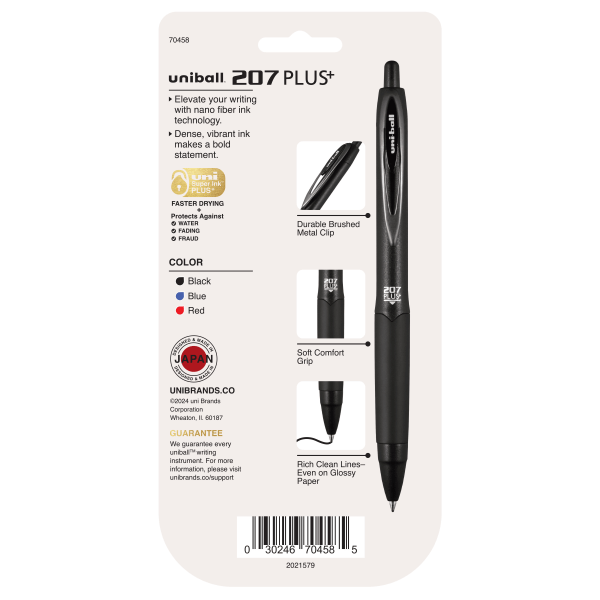 slide 7 of 8, Uni-Ball 207 Plus+ Retractable Gel Pens, Medium Point, 0.7 Mm, Black Barrel, Black/Blue/Red Ink, Pack Of 4 Pens, 4 ct