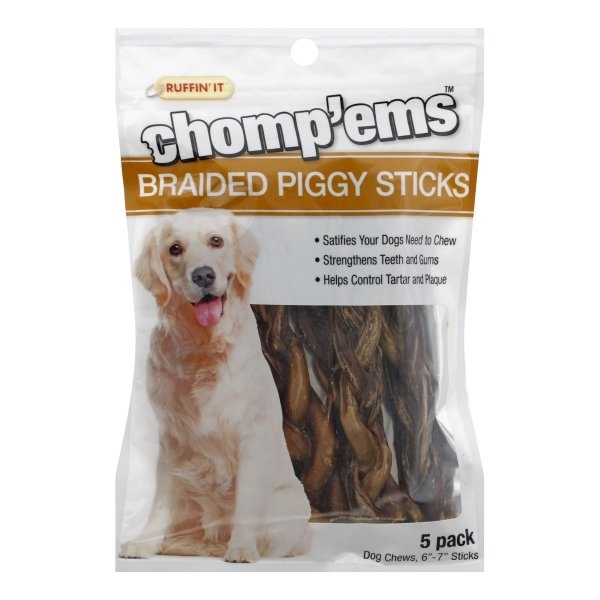 slide 1 of 1, Ruffin' It Chomp'ems Braided Piggy Sticks Dog Chews, 5 ct