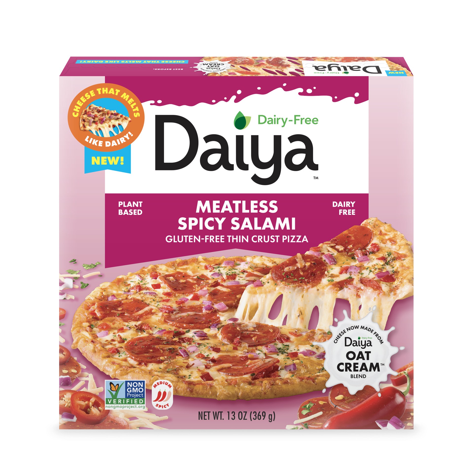 slide 1 of 7, Daiya Meatless Spicy Salami Pizza, 13 oz