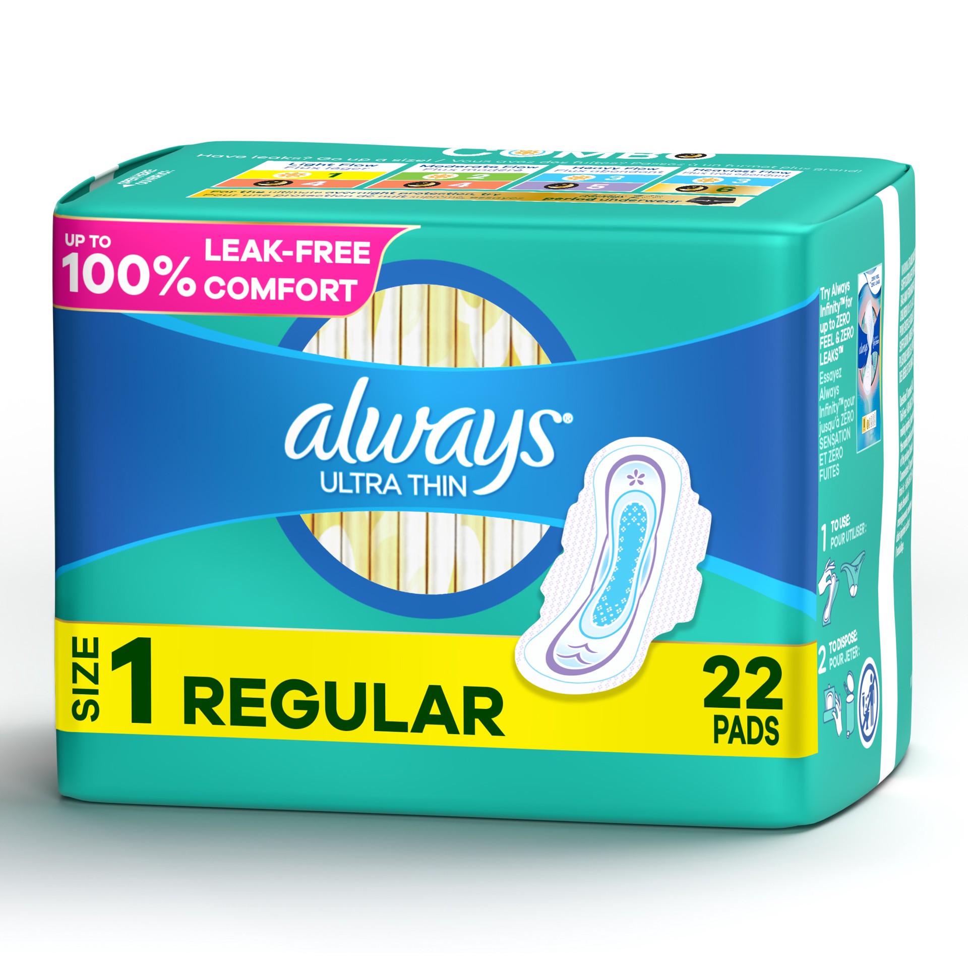 slide 2 of 2, Always Ultra Thin Feminine Pads with Wings for Women, Size 1, Regular Absorbency, Unscented, 22 Count, size 1, unscented, 22 ct