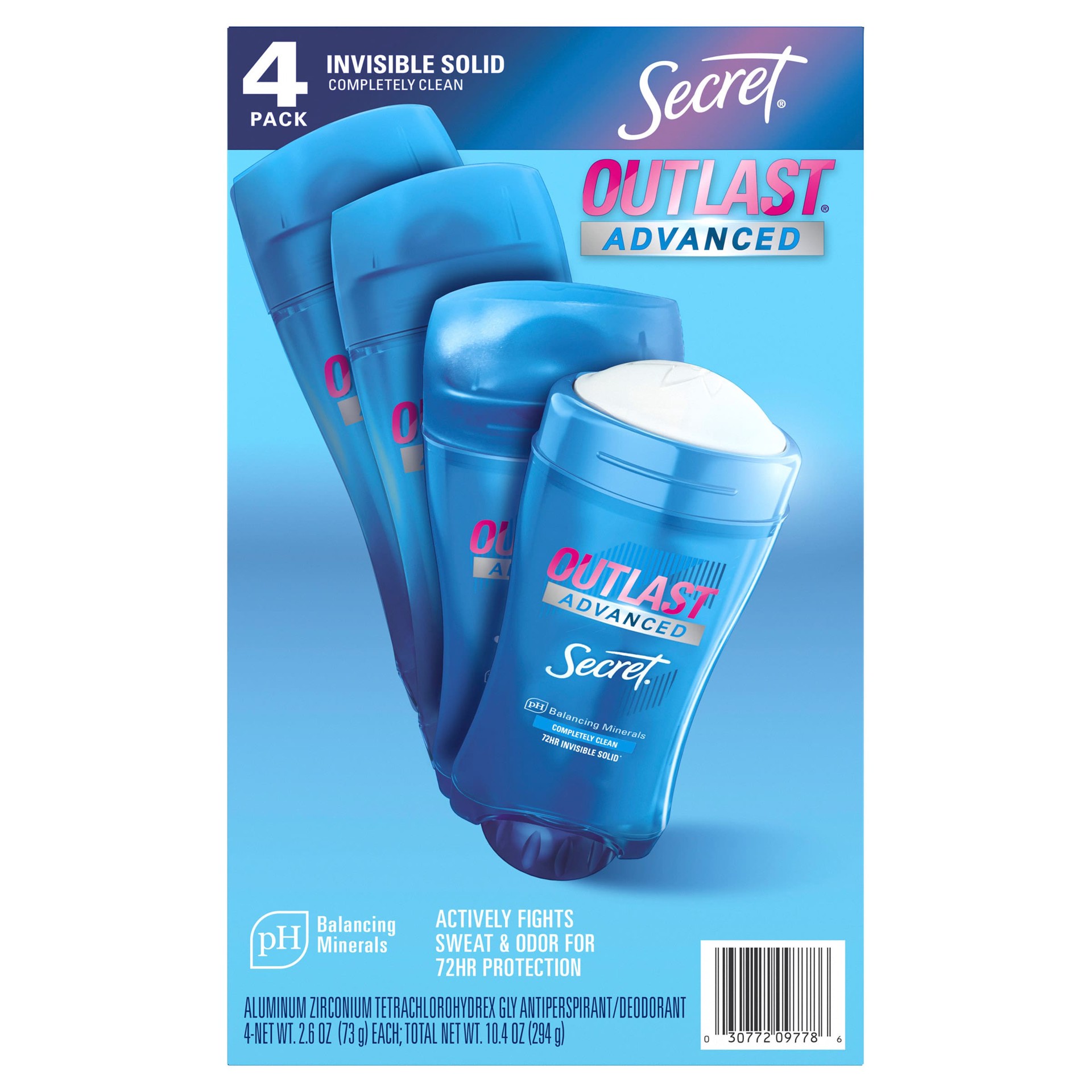slide 1 of 1, Secret Outlast Advanced Antiperspirant Deodorant 2.6 oz, 4 pack, 2.6 oz, 4 ct