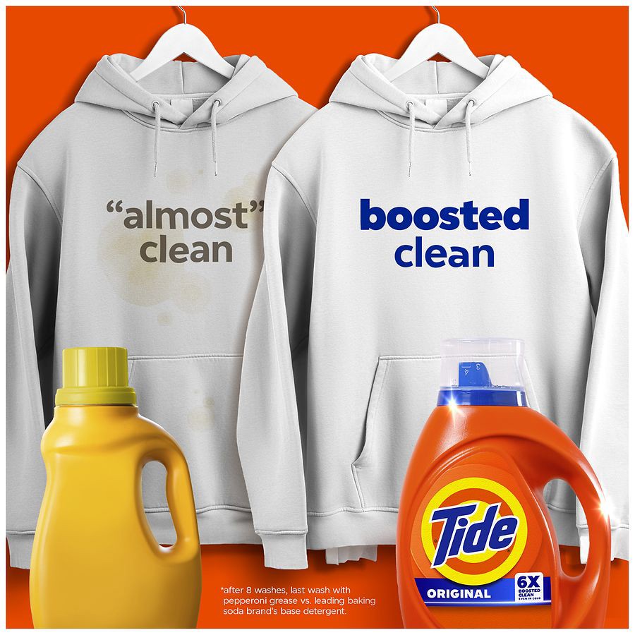 slide 4 of 5, Tide Liquid Laundry Detergent, Original Scent, 64 Loads, 80 fl oz, Boosted Clean even in cold water, laundry soap, concentrated liquid detergent, 2.62 qt