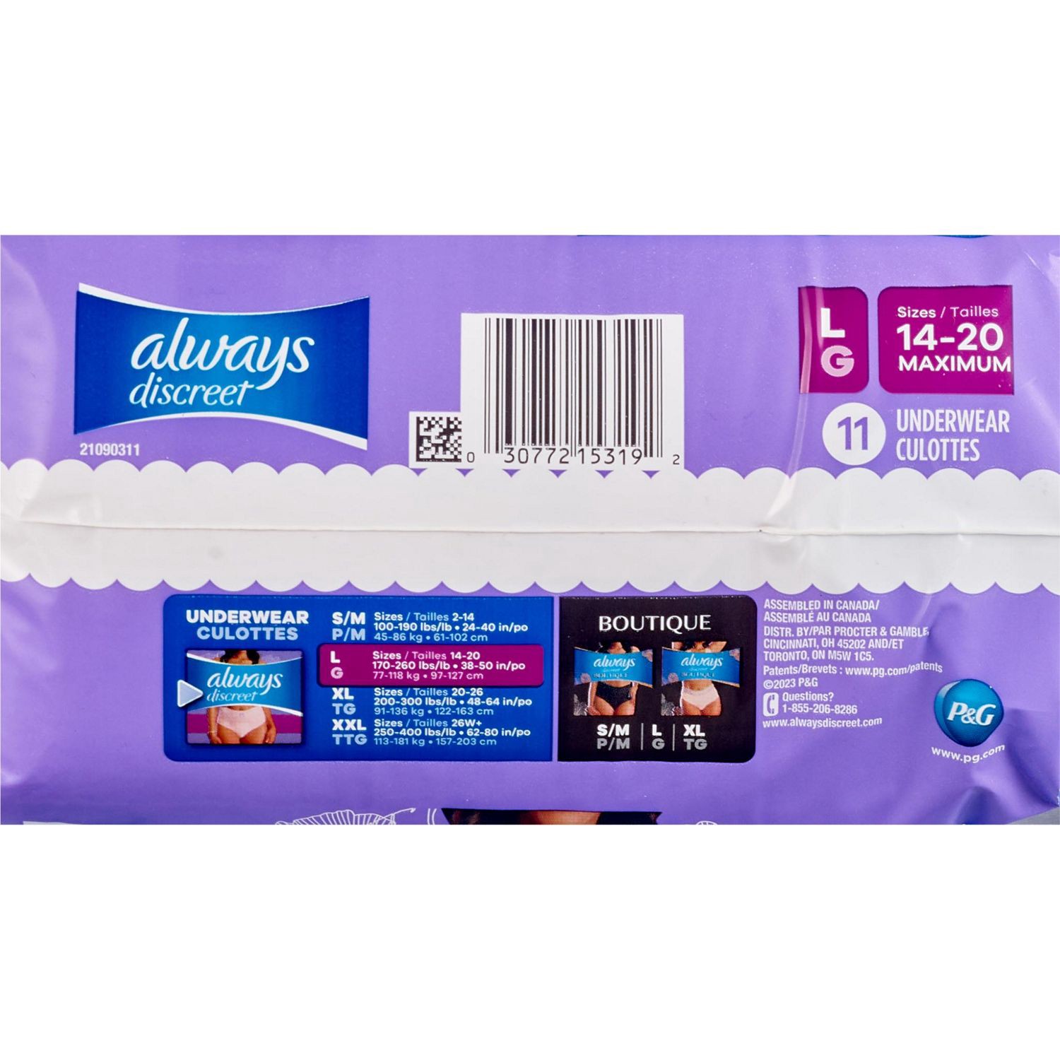 slide 3 of 3, Always Discreet Adult Incontinence Underwear for Women and Postpartum Underwear, L, Up to 100% Bladder Leak Protection, 11 CT, 11 ct