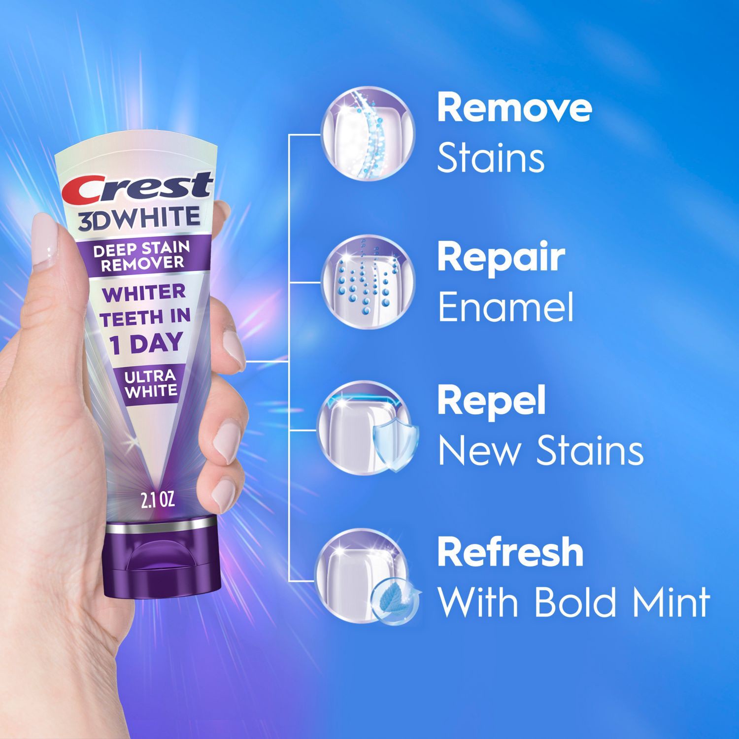 slide 3 of 9, Crest 3D White Brilliance Deep Stain Remover Daily Toothpaste, Ultra White, 2.1 Oz, 2.1 oz