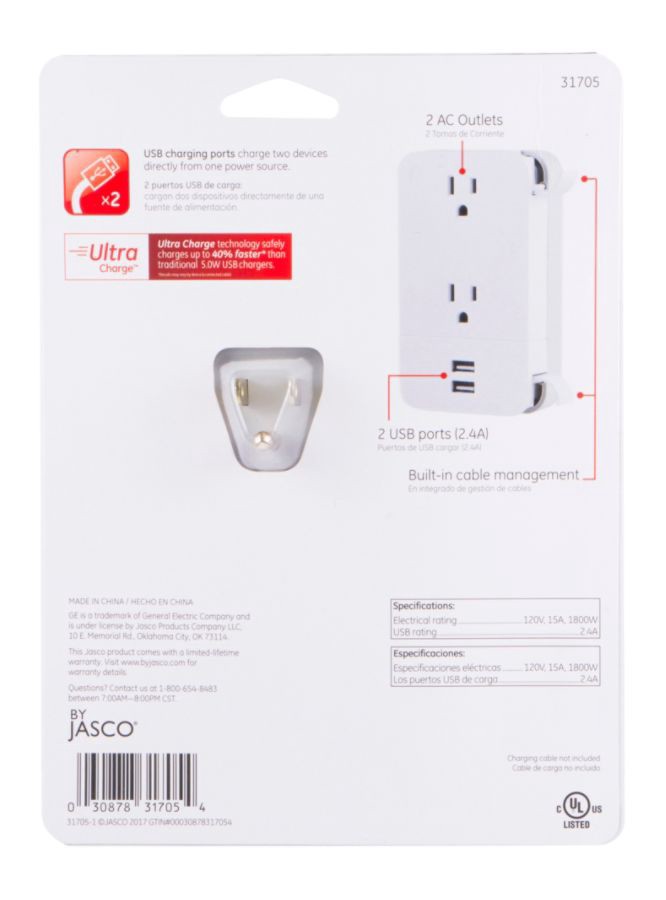 slide 2 of 9, GE 2-Outlet 2-Usb Wall Tap With Cable ManaGEment, 31705, 1 ct
