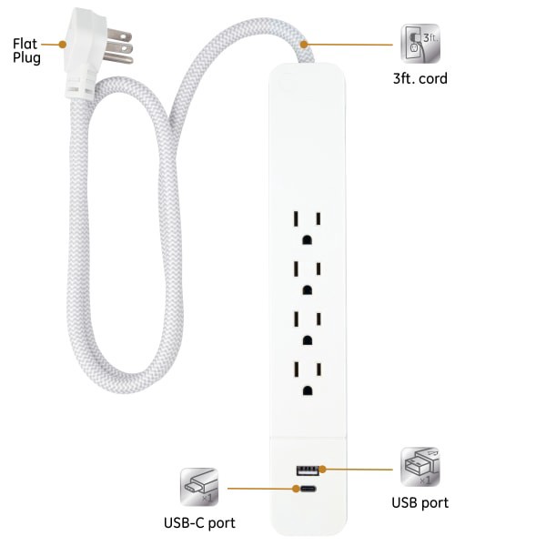 slide 3 of 7, GE 4-Outlet Surge Protector Cord, White, 3 ft