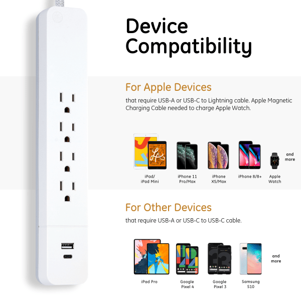 slide 7 of 7, GE 4-Outlet Surge Protector Cord, White, 3 ft