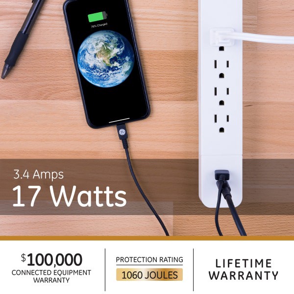slide 6 of 7, GE 4-Outlet Surge Protector Cord, White, 3 ft