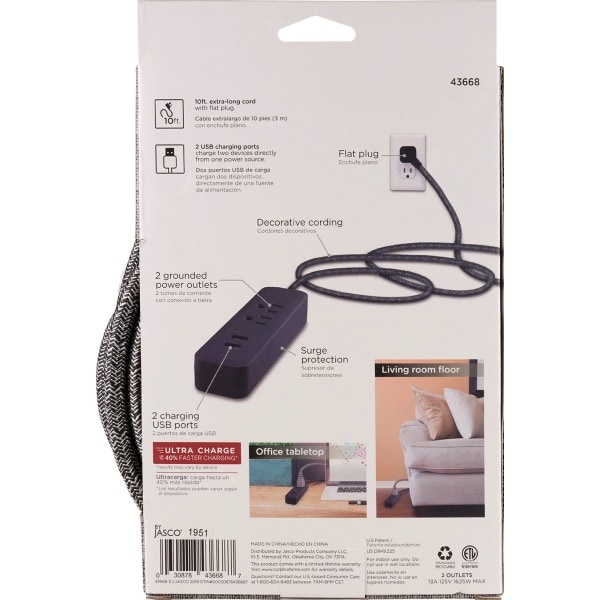 slide 2 of 2, Cordinate 2-Outlet Grounded Extension Cord With Usb, 10', Dark Heather, 1 ct