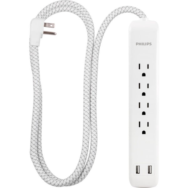 slide 1 of 1, Phillips Philips 4-Outlet Surge Protector With Usb, 4', White/Gray, 1 ct