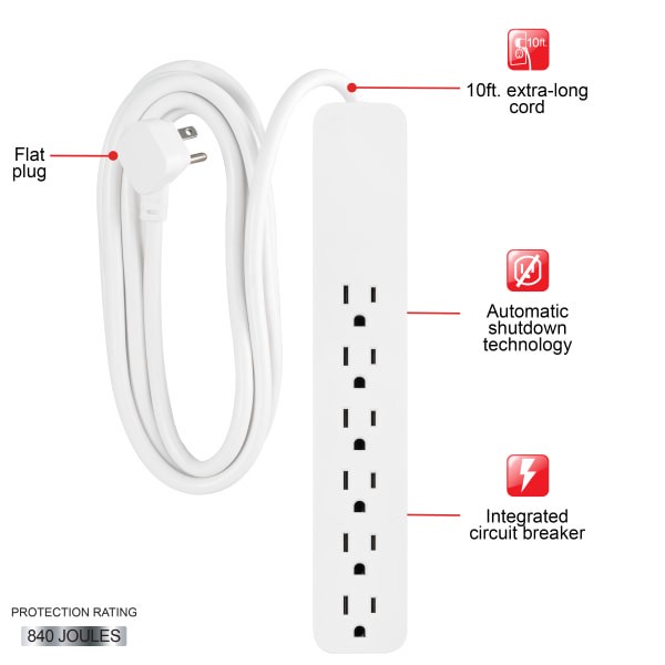 slide 5 of 7, White 6-Outlet Surge Protector Power Bar, (10'), 10 ft