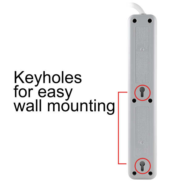 slide 2 of 7, White 6-Outlet Surge Protector Power Bar, (10'), 10 ft