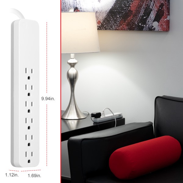 slide 7 of 7, White 6-Outlet Surge Protector Power Bar, (10'), 10 ft