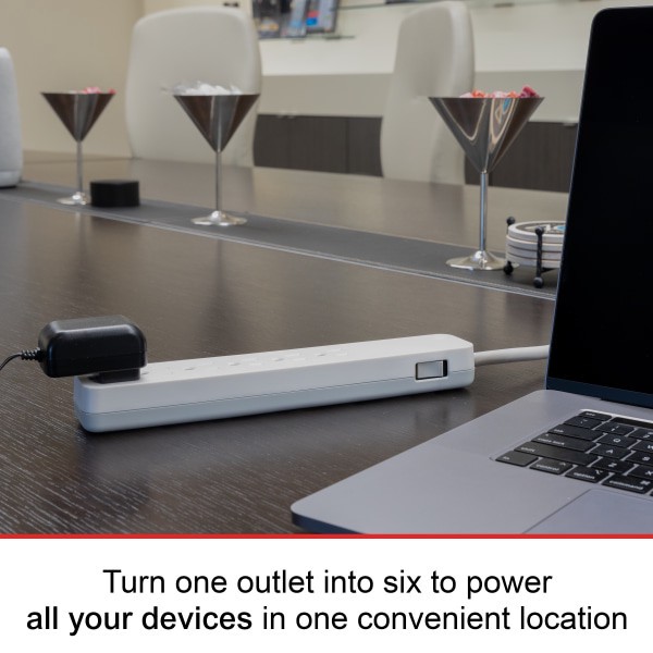 slide 6 of 7, White 6-Outlet Surge Protector Power Bar, (10'), 10 ft