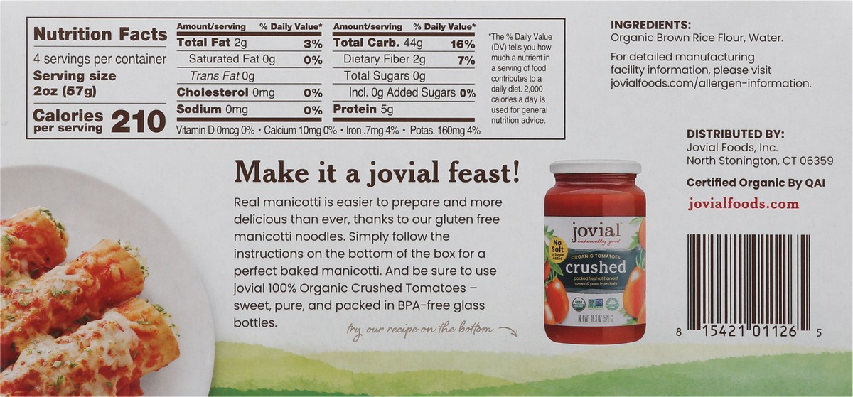slide 5 of 9, Jovial Gluten Free Brown Rice Pasta Manicotti, 7 oz