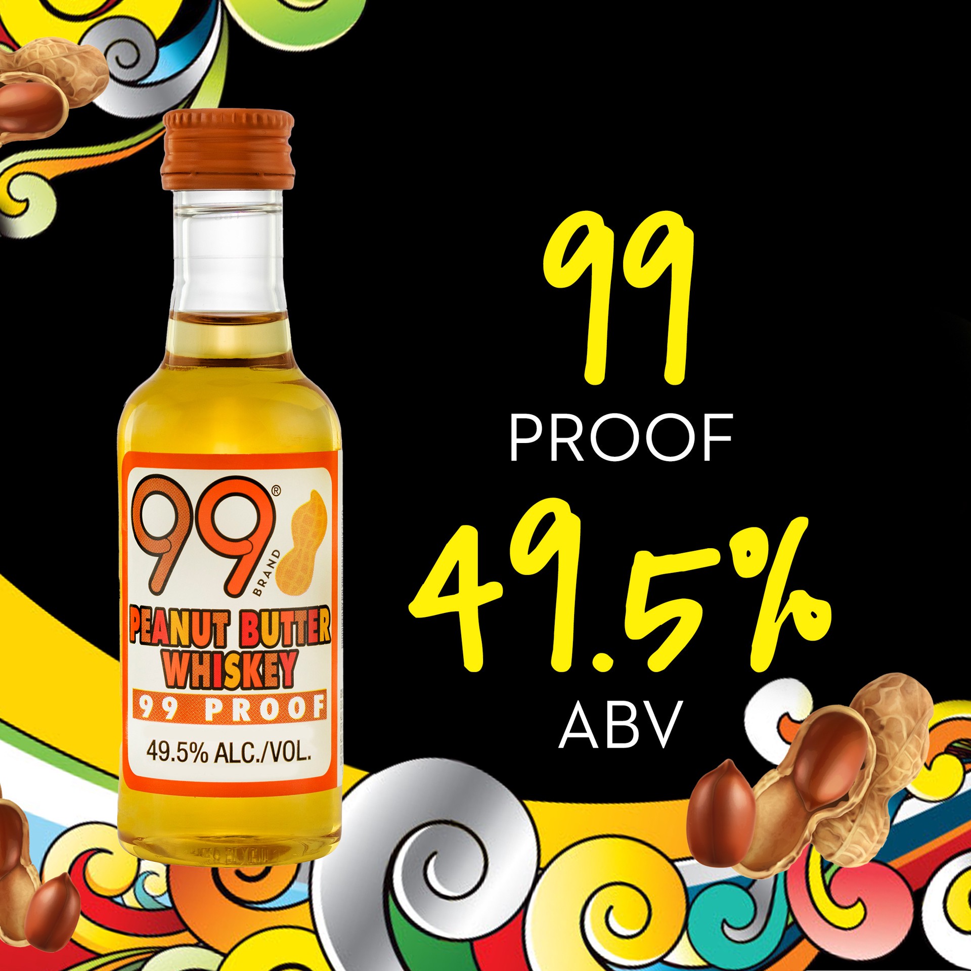 slide 4 of 5, 99 Brand PB&J Pack with Peanut Butter Whiskey, Grape Liqueur and Strawberry Jelly Liqueur, 50 mL Bottle, 4 Count, 99 Proof, 50 ml