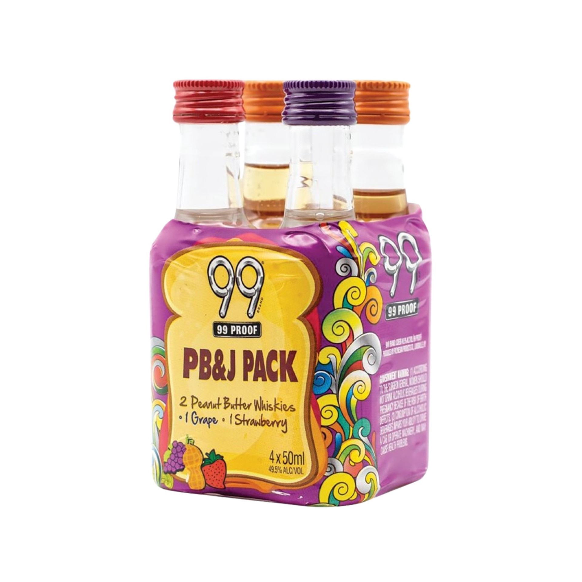 slide 1 of 5, 99 Brand PB&J Pack with Peanut Butter Whiskey, Grape Liqueur and Strawberry Jelly Liqueur, 50 mL Bottle, 4 Count, 99 Proof, 50 ml