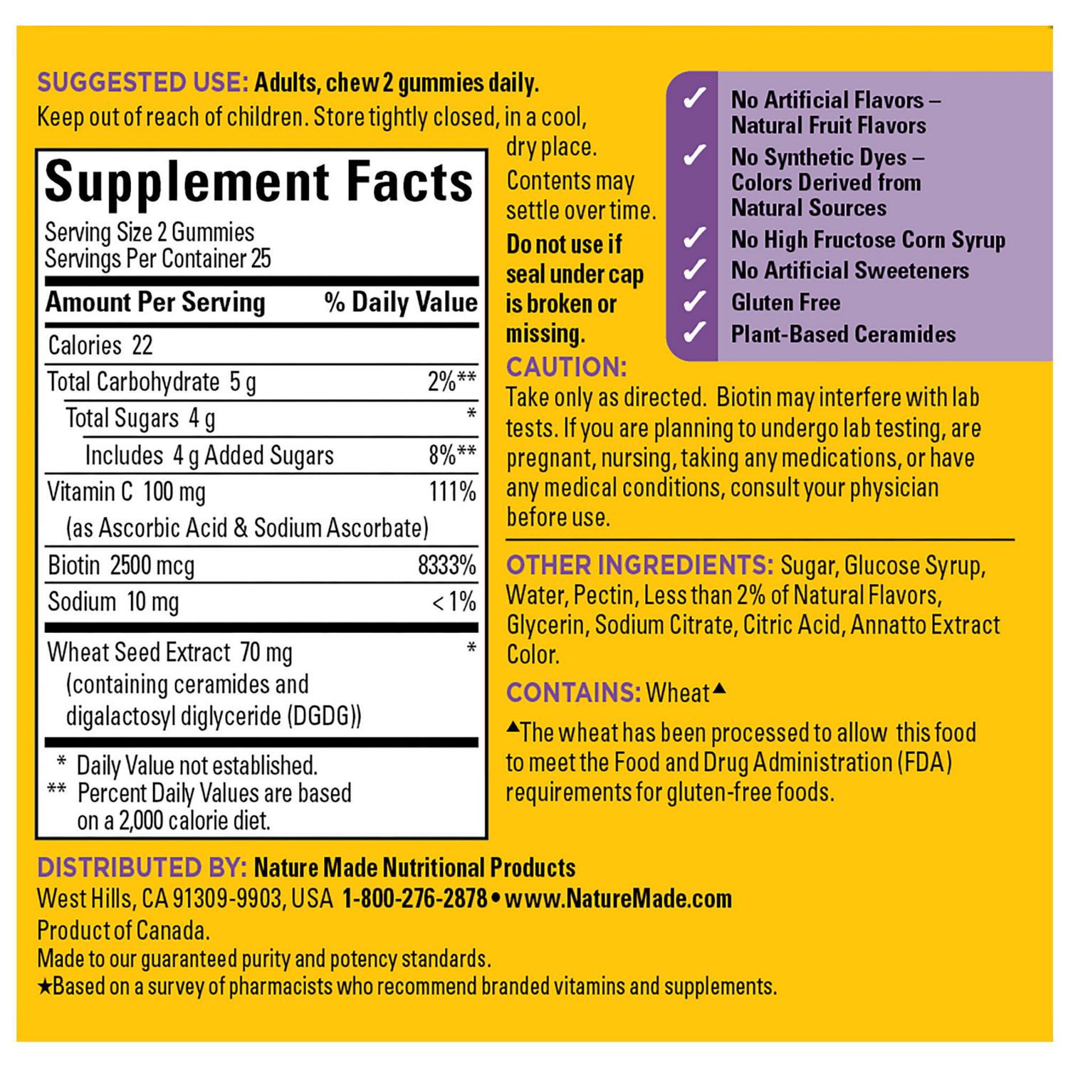 slide 7 of 7, Nature Made Skin Hydration + Ceramides, Biotin & Vitamin C Gummies, 50 Count, 50 ct
