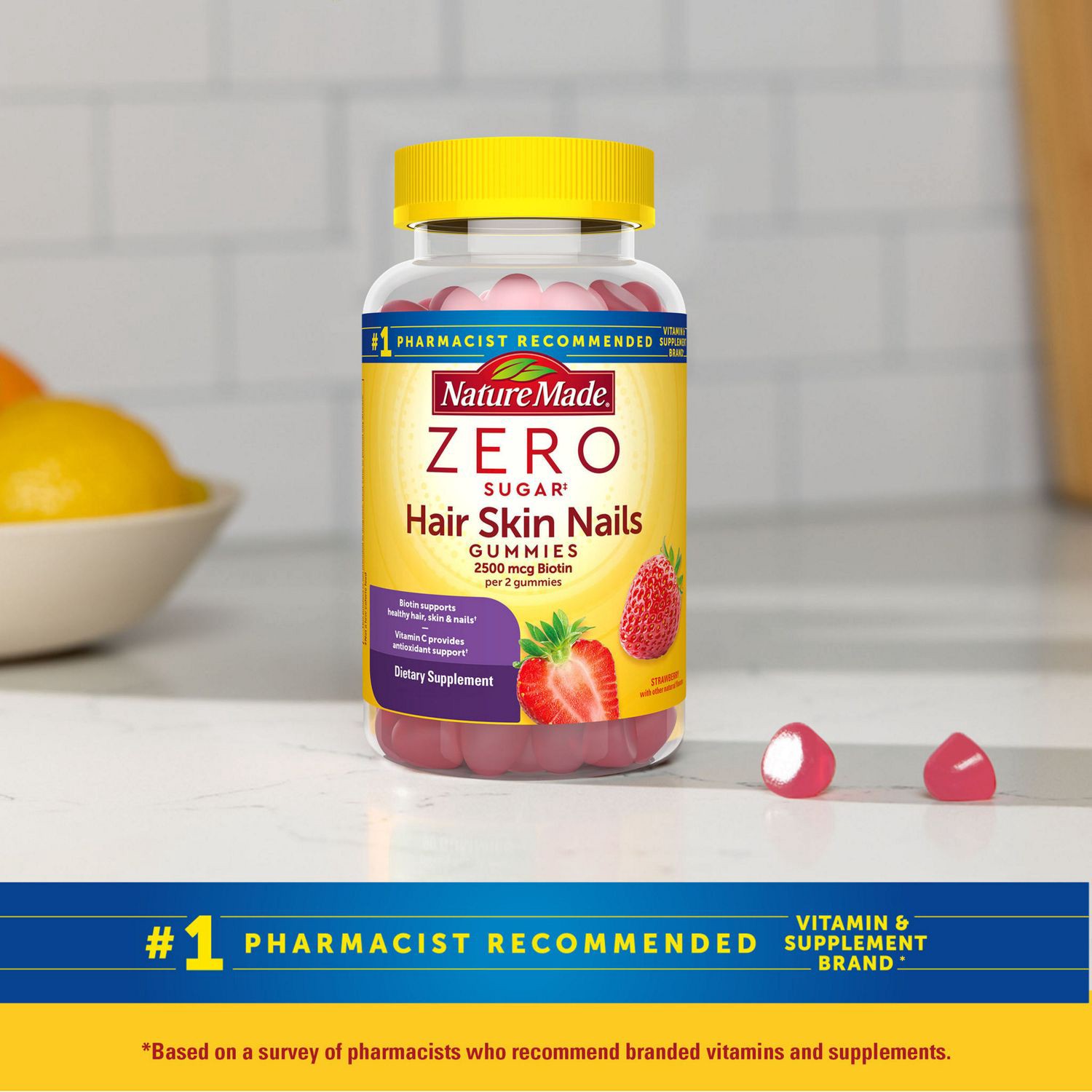 slide 5 of 8, Nature Made Zero Sugar Hair Skin Nails Gummies, Sugar Free Gummies, 120 Count, 120 ct